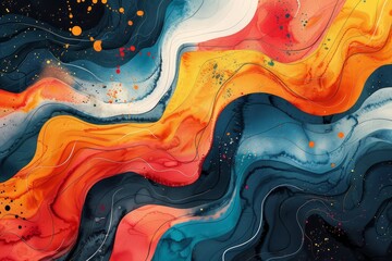 Vibrant color splashes complement minimalist design featuring swirling ink gradients in a modern abstract style.