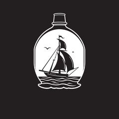 Vintage Ship in a Bottle Iconic Black Emblem of Old Nautical Treasure Bottled Maritime Memory Vector Graphic of Vintage Sailboat Souvenir