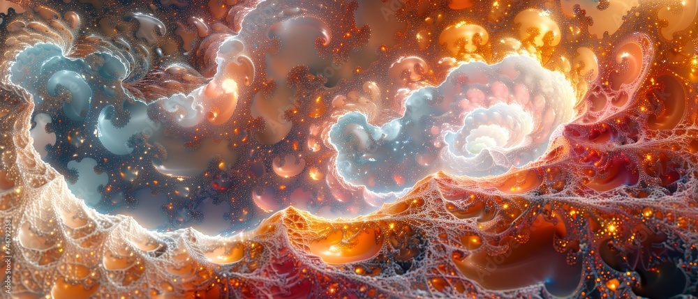 Aufkleber creating mesmerizing art using fractal beauty, geometric patterns, and a vibrant color palette.