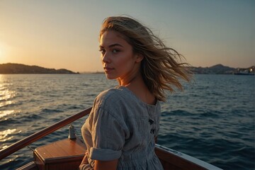 Fototapeta premium Panoramic crop of girl enjoying sunset view from boat deck leaving port