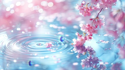 Tranquil pastel ponds reflecting spring blooms with soft ripples, abstract nature background