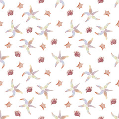 Watercolor nautical seamless pattern  with  starfish, coral. Cute delicate texture for decor, wrapping paper, fabrics, decor, banners.