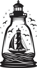 Maritime Memento Vector Black Emblem of Old Sailing Memorabilia Bottled Breeze Iconic Black Logo Design of Vintage Sailboat Scene