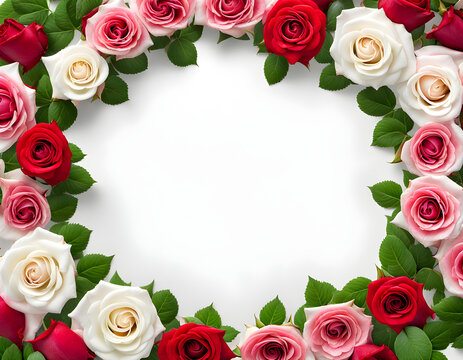 Computer screenshot image of natural rose flowers border on white background