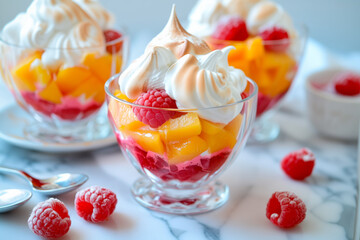 Vanilla peach dessert or melba ice cream with peach fruits. Colorful assortment of fruit salad topped with whipped cream