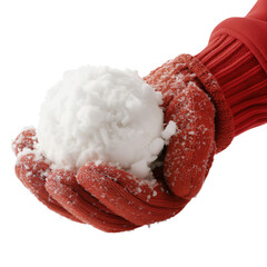 Snowball in hand in close-up isolated on a white or transparent background. Hand in warm red glove holding a round snowball in close-up, side view, graphic design element.