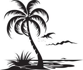 Palm Silhouette Iconic Black Logo Design of Beachside Symbol Beach Horizon Vector Graphic of Palm Tree Outline