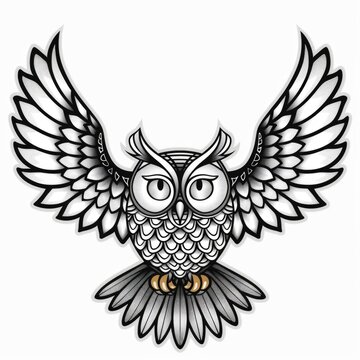 A black and white owl with large wings Tattoo design, coloring book page.