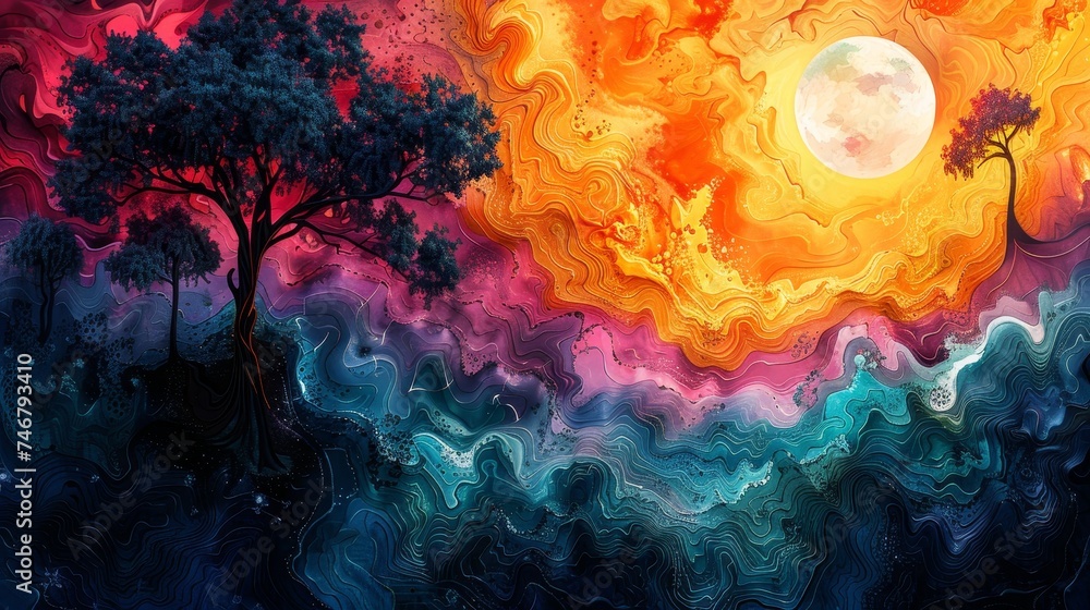 Poster surreal abstract nature scenes, blending vibrant hues with fluid art techniques for a dynamic effect