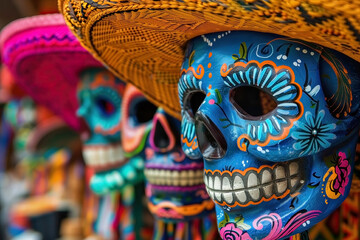 Colorful carnival mask wearing straw sombreros. Cinco de Mayo celebration in Mexico. Generated AI