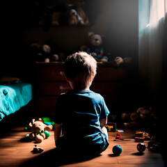 sad child sitting on the floor in a dark nursery, Autism concept