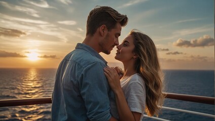 Obraz premium young couple at sunset on cruise ship 