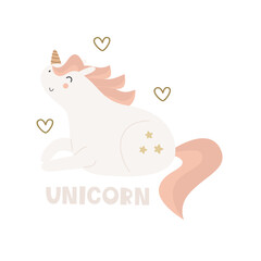 Cartoon unicorn, hand drawing lettering, decor elements. Colorful vector illustration for kids, flat style. baby design for card, print, poster, cover. 