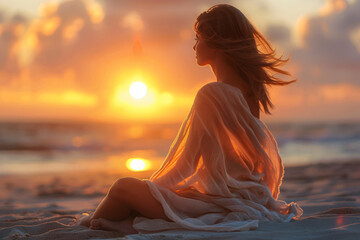 Fototapeta na wymiar Serene Woman Watching Sunset on Beach, Wrapped in a Shawl - Capturing the Magical Evening Glow