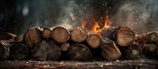 Papier Peint photo Lavable Texture du bois de chauffage A stack of logs is neatly arranged on a wooden floor, ready to be used as firewood. The logs sit against a dark backdrop, showcasing their natural texture and color variations.
