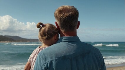 Fototapeta premium Rear view of dad holding her little girl in arms and showing ocean