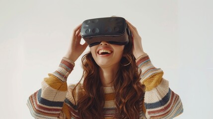 Asian Woman Experiencing Joy with Virtual Reality Technology while Wearing Casual Sweater Generative AI