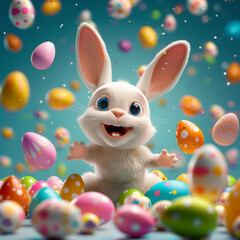 Joyful Easter Bunny with Colorful Eggs and Confetti
