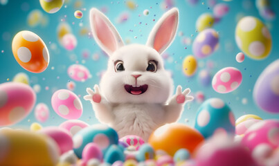 Fototapeta na wymiar Joyful Easter Bunny with Colorful Eggs and Confetti 