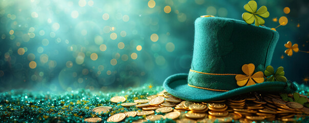 Green shamrock lucky top hat as St Patrick's day symbol and luck icon of Irish tradition with stack of gold coins. Leprechaun cap. Celebration concept, Background, card, banner with copy space