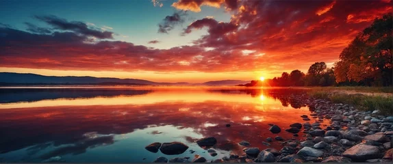 Papier Peint photo autocollant Réflexion stunning sunrise over the lake with vibrant colors reflecting in the water