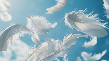 Feathers of Serenity: White Feathers Falling in Blue Sky Generative AI