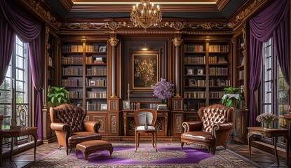  An elegant library with ornate bookshelves, plush leather chairs, and purple curtains