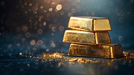 Gold bars representing luxury that evokes wealth and prestige on a blue background. Gold bars in an aura of opulence and prosperity. Priceless concept. - obrazy, fototapety, plakaty