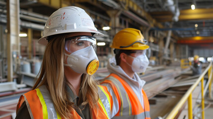 Safety protocols at job site. Coworkers in PPE inspecting a project in warehouse.