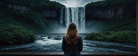 Woman overlooking waterfall dark background