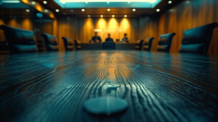 Image of a flat surface of a conference table inside a meeting room. It purposely blurs the people in the background. Conveys a sense of focus on the details of the workspace.