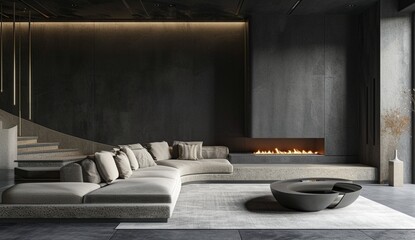 AI to generate a digital image capturing the modern urban ambiance of a loft black living room, featuring an inviting sofa and a sleek fireplace, with concrete paneling enhancing the walls and floors
