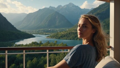 woman relaxing on cruise balcony looking at view of mountains and nature landscape