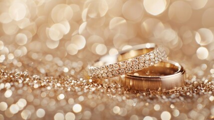 Designer Wedding Rings Glittering on a Sparkling Background Generative AI