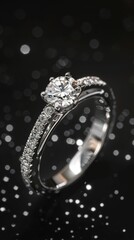 Platinum jewelry. Product shoot, macro shot, platinum wedding ring with diamond on shiny black surface. Dark background.