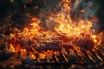 Sizzling Meat on Grill Surrounded by Flames Generative AI