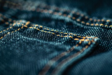 Close-up of dark blue denim fabric with detailed orange stitching. - obrazy, fototapety, plakaty
