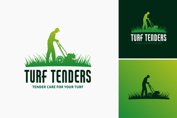 Logo featuring a man mowing the grass for brand. Suitable for landscaping, gardening, outdoor services, lawn care businesses. - obrazy, fototapety, plakaty