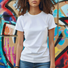 Young girl wearing empty white shirt with urban graffiti background mockup template with space for your design