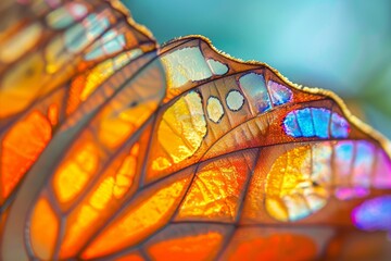 Close-up of a colorful butterfly wing showcasing intricate designs and vibrant colors.
