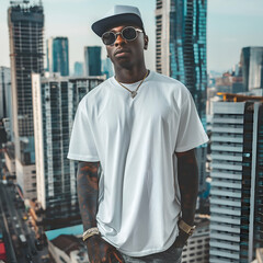 Black male model wearing white blank t-shirt with space for your logo and tshirt design mockup template