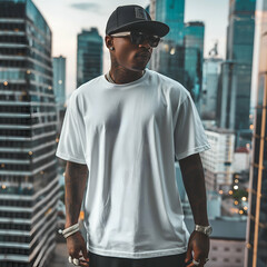 Black male model wearing white blank t-shirt with space for your logo and tshirt design mockup template