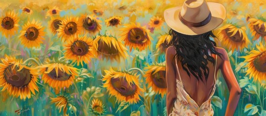 A joyful young woman, wearing a hat, stands among vibrant sunflowers in a beautiful field, reveling in the freedom and beauty of a summer getaway.