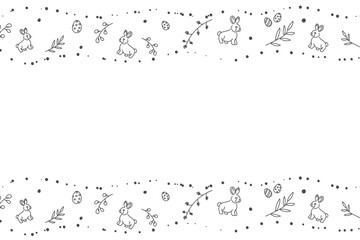 Vector. Cute hand drawn Easter horizontal background with bunnies, easter eggs. Festive background with Easter linear symbols. Copy space for text. Design cards, banners and other promotional items.