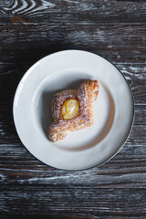 Delicious pastries with filling, croissants, confectionery.