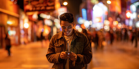 handsome beautiful young hispanic or asian man using and texting on hir smart phone mobile for service 5g digital communication and online social media city banner