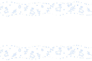 Vector. Cute hand drawn Easter horizontal background with bunnies, easter eggs. Festive background with Easter linear symbols. Copy space for text. Design cards, banners and other promotional items.