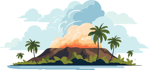 Tropical island erupting volcano, palm trees, birds. Nature disaster, volcanic eruption smoke ash cloud. Vector illustration © Vectorvstocker