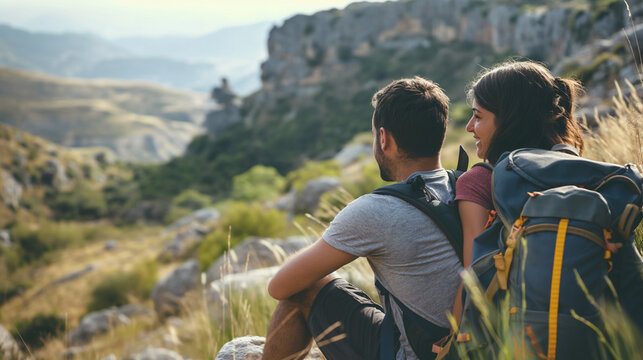 Casal jovem caminhando nas montanhas. Vista traseira do homem e da mulher com mochilas olhando a bela paisagem.