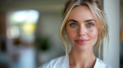 Radiant Young Woman with Blue Eyes, Casual Elegance in Soft Light